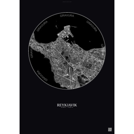 Affiche Reykjavik – Poster vue satellite 2.5km N&B | Gravura – Fond foncé