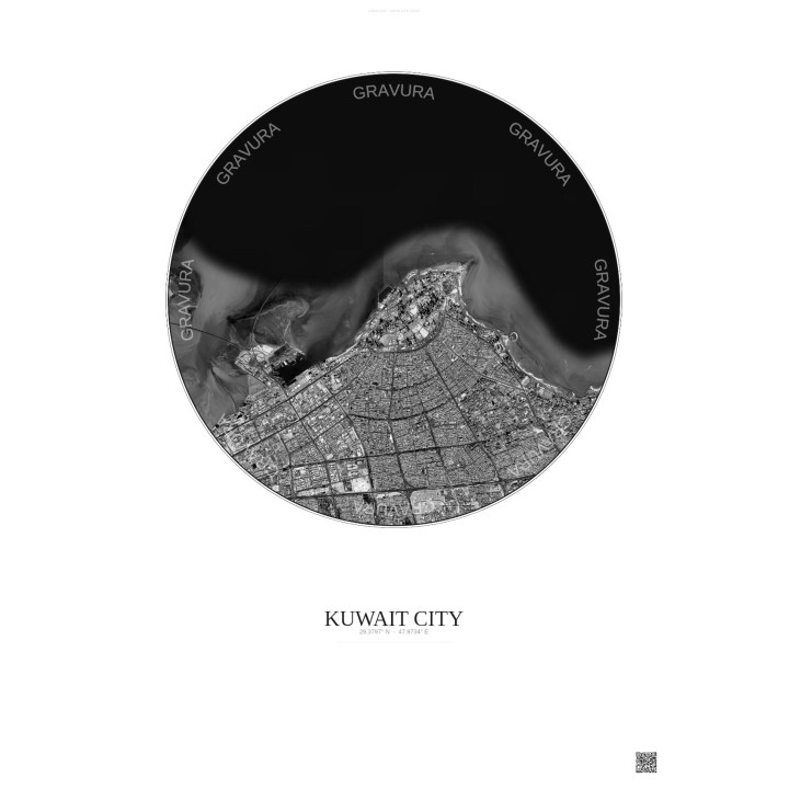 Affiche Kuwait City – Poster vue satellite 10km N&B | Gravura – Fond clair