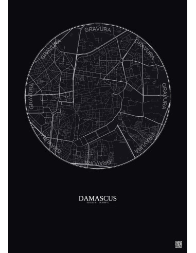 Affiche Damascus – Poster carte de ville 2.5km | Gravura – Fond foncé
