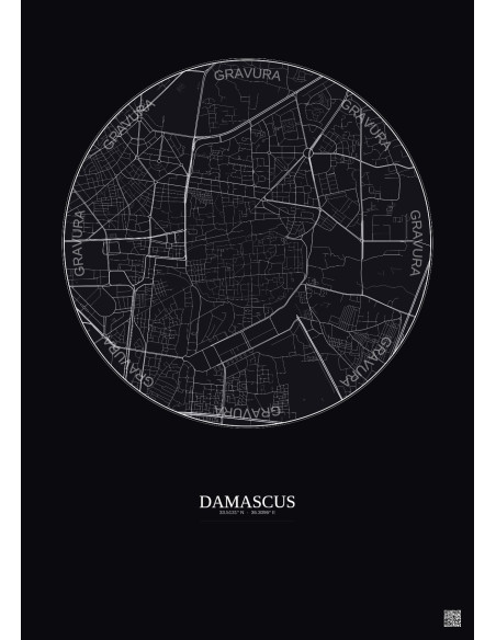 Affiche Damascus – Poster carte de ville 2.5km | Gravura – Fond foncé