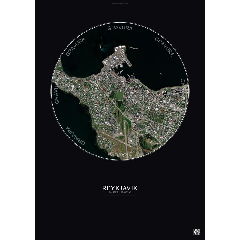 Affiche Reykjavik – Poster vue satellite 2.5km Couleur | Gravura – Fond foncé