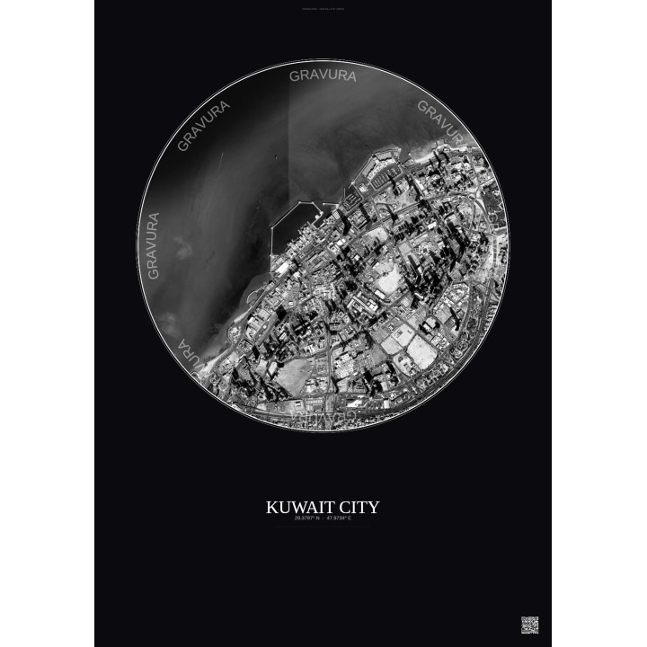 Affiche Kuwait City – Poster vue satellite 2.5km N&B | Gravura – Fond foncé
