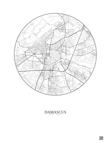 Affiche Damascus – Poster carte de ville 6km | Gravura – Fond clair