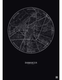 Affiche Damascus – Poster carte de ville 6km | Gravura – Fond foncé