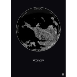 Affiche Reykjavik – Poster vue satellite 6km N&B | Gravura – Fond foncé