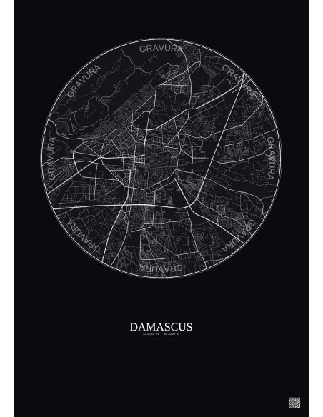 Affiche Damascus – Poster carte de ville 6km | Gravura – Fond foncé
