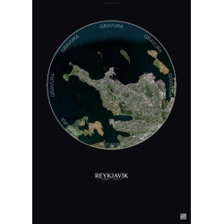 Affiche Reykjavik – Poster vue satellite 6km Couleur | Gravura – Fond foncé