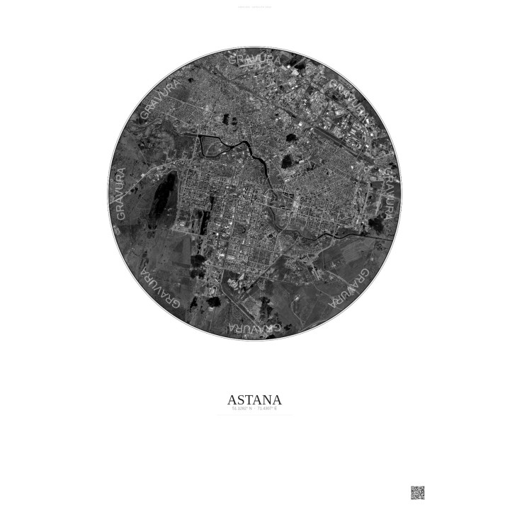 Affiche Astana – Poster vue satellite 10km N&B | Gravura – Fond clair