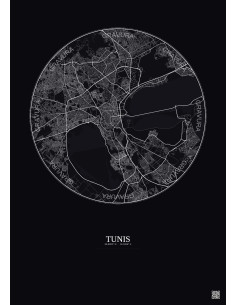 Affiche Tunis – Poster carte de ville 10km | Gravura – Fond foncé