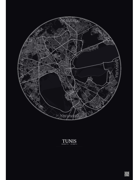 Affiche Tunis – Poster carte de ville 10km | Gravura – Fond foncé