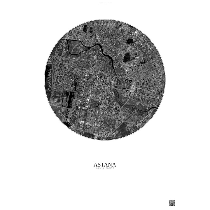 Affiche Astana – Poster vue satellite 6km N&B | Gravura – Fond clair