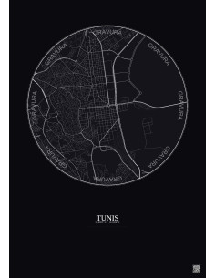 Affiche Tunis – Poster carte de ville 2.5km | Gravura – Fond foncé