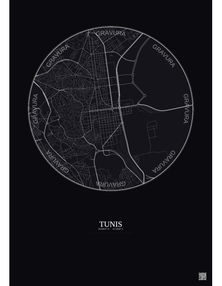 Affiche Tunis – Poster carte de ville 2.5km | Gravura – Fond foncé