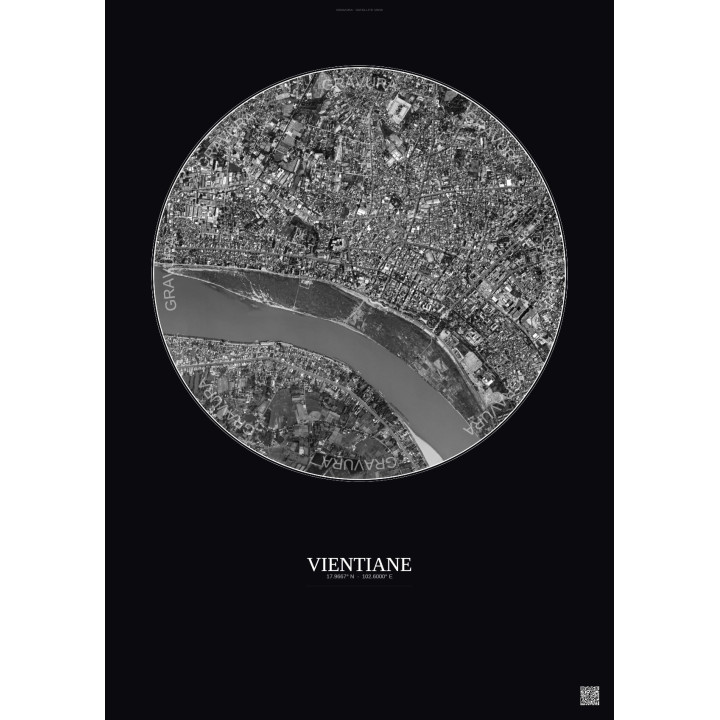 Affiche Vientiane – Poster vue satellite 2.5km N&B | Gravura – Fond foncé