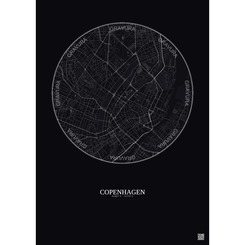 Affiche Copenhagen – Poster carte de ville 2.5km | Gravura – Fond foncé