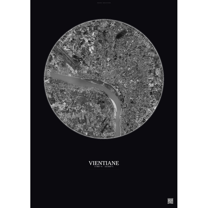 Affiche Vientiane – Poster vue satellite 6km N&B | Gravura – Fond foncé