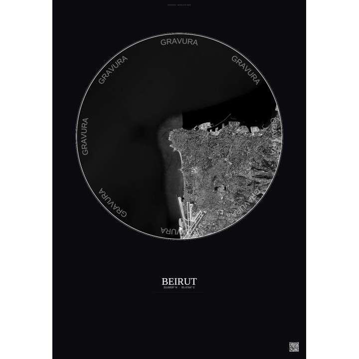 Affiche Beirut – Poster vue satellite 10km N&B | Gravura – Fond foncé