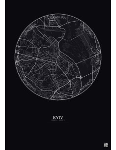 Affiche Kyiv – Poster carte de ville 6km | Gravura – Fond foncé