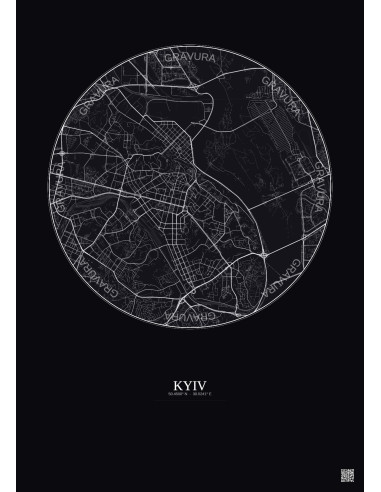 Affiche Kyiv – Poster carte de ville 6km | Gravura – Fond foncé