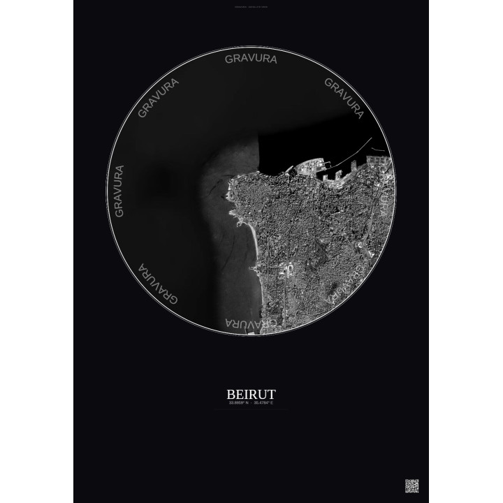 Affiche Beirut – Poster vue satellite 6km N&B | Gravura – Fond foncé
