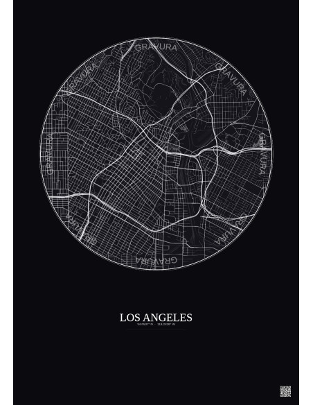 Affiche Los Angeles – Poster carte de ville 5km | Gravura – Fond foncé
