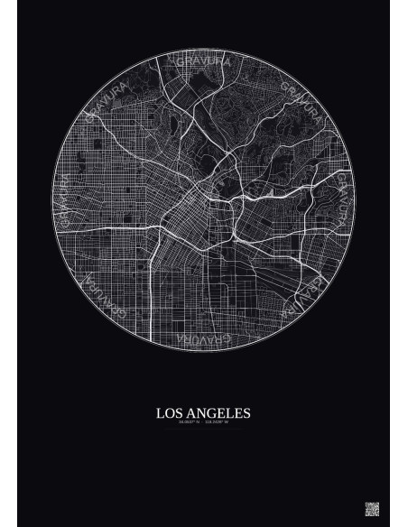 Affiche Los Angeles – Poster carte de ville 10km | Gravura – Fond foncé
