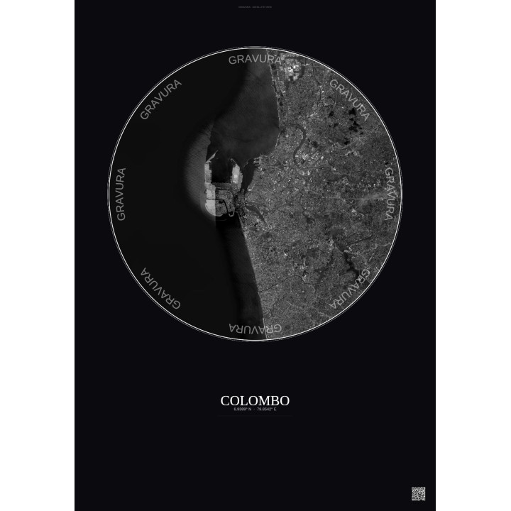 Affiche Colombo – Poster vue satellite 10km N&B | Gravura – Fond foncé