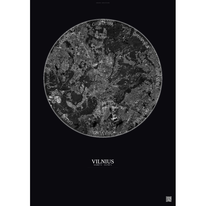 Affiche Vilnius – Poster vue satellite 10km N&B | Gravura – Fond foncé
