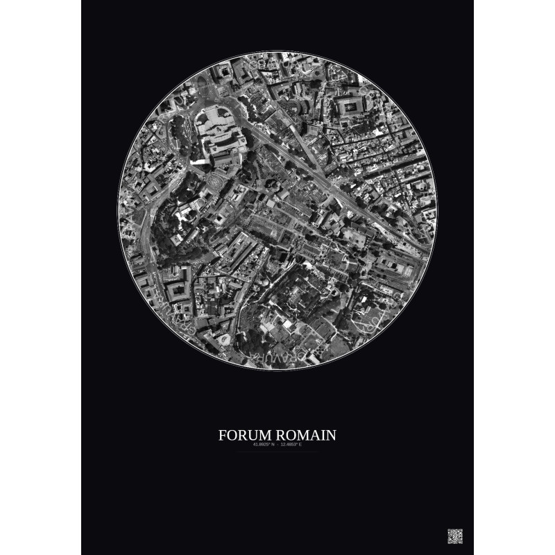 Affiche Forum Romain – Poster vue satellite 0.5km N&B | Gravura – Fond foncé