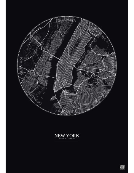 Affiche New York – Poster carte de ville 10km | Gravura – Fond foncé