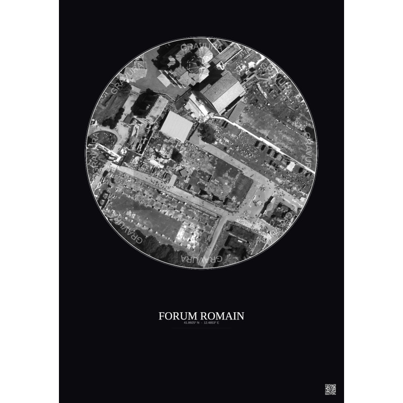 Affiche Forum Romain – Poster vue satellite 0.1km N&B | Gravura – Fond foncé