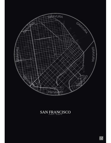 Affiche San Francisco – Poster carte de ville 2.5km | Gravura – Fond foncé