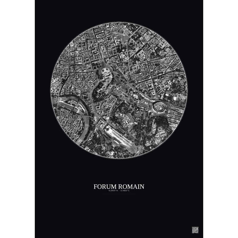 Affiche Forum Romain – Poster vue satellite 1km N&B | Gravura – Fond foncé
