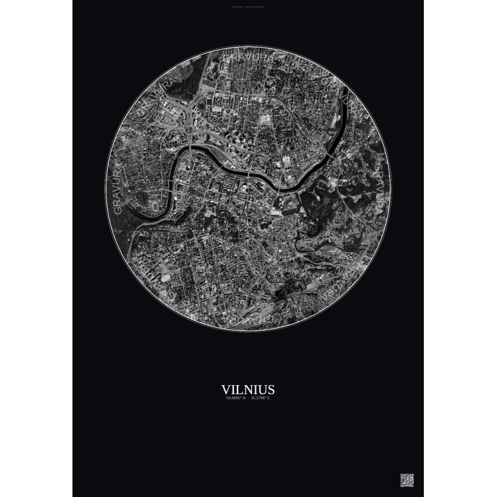 Affiche Vilnius – Poster vue satellite 2.5km N&B | Gravura – Fond foncé