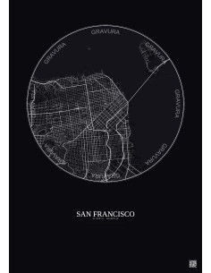 Affiche San Francisco – Poster carte de ville 6km | Gravura – Fond foncé