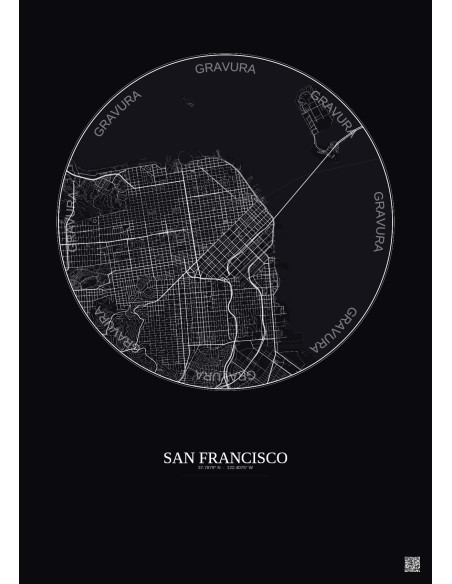 Affiche San Francisco – Poster carte de ville 6km | Gravura – Fond foncé