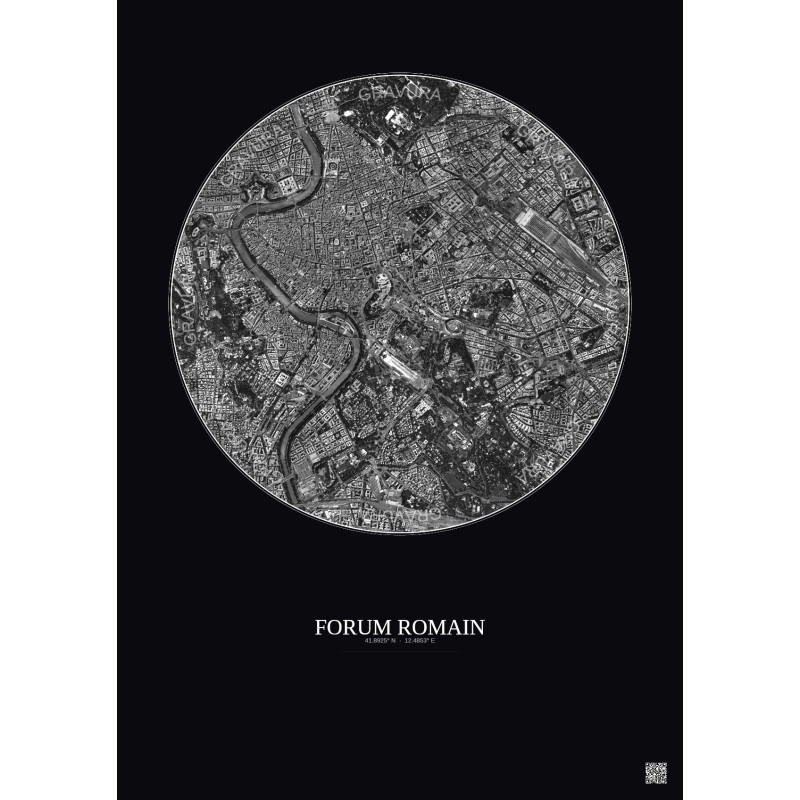 Affiche Forum Romain – Poster vue satellite 2.5km N&B | Gravura – Fond foncé