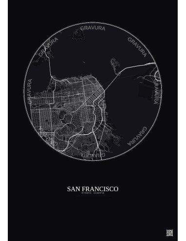Affiche San Francisco – Poster carte de ville 10km | Gravura – Fond foncé