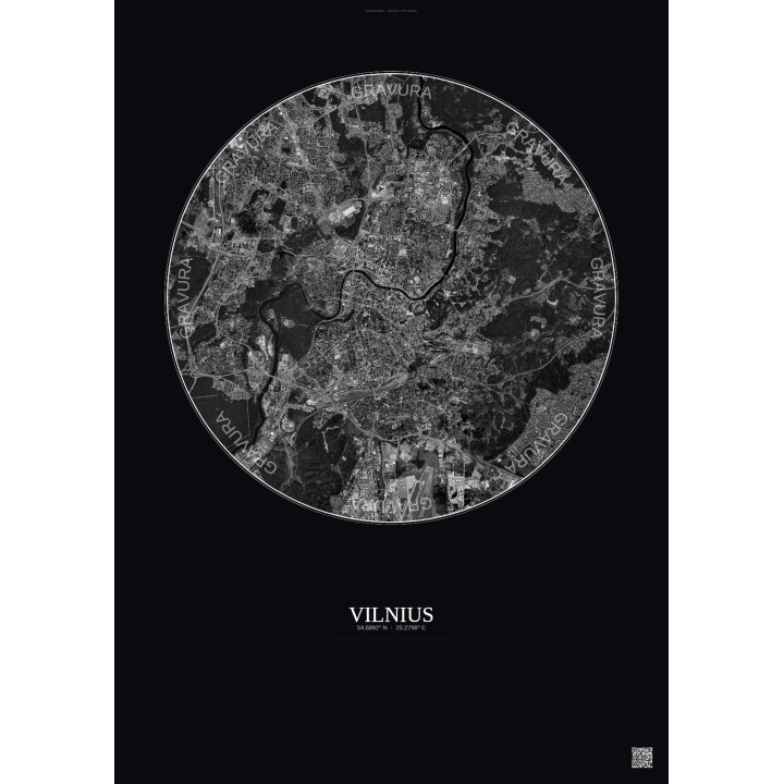 Affiche Vilnius – Poster vue satellite 6km N&B | Gravura – Fond foncé