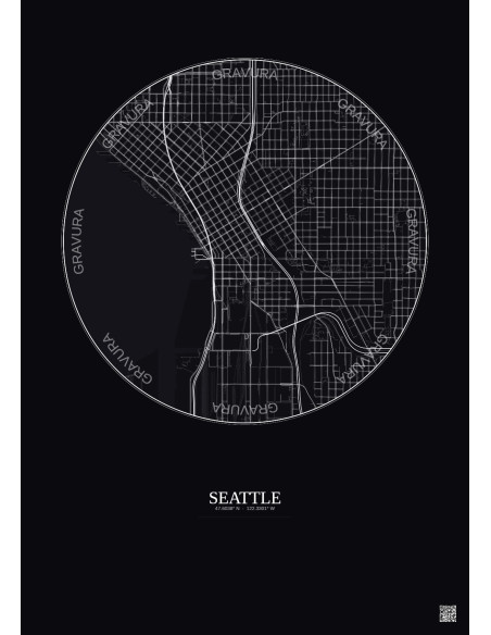 Affiche Seattle – Poster carte de ville 2.5km | Gravura – Fond foncé