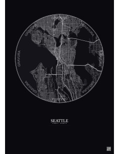 Affiche Seattle – Poster carte de ville 10km | Gravura – Fond foncé