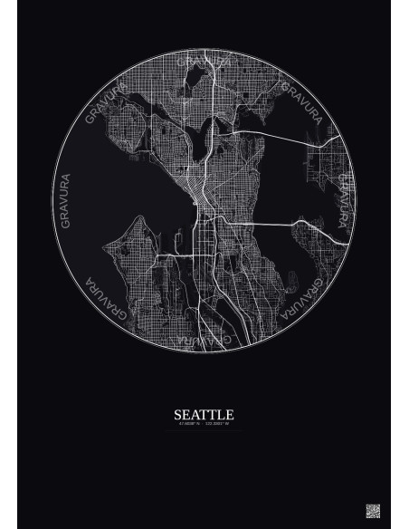 Affiche Seattle – Poster carte de ville 10km | Gravura – Fond foncé