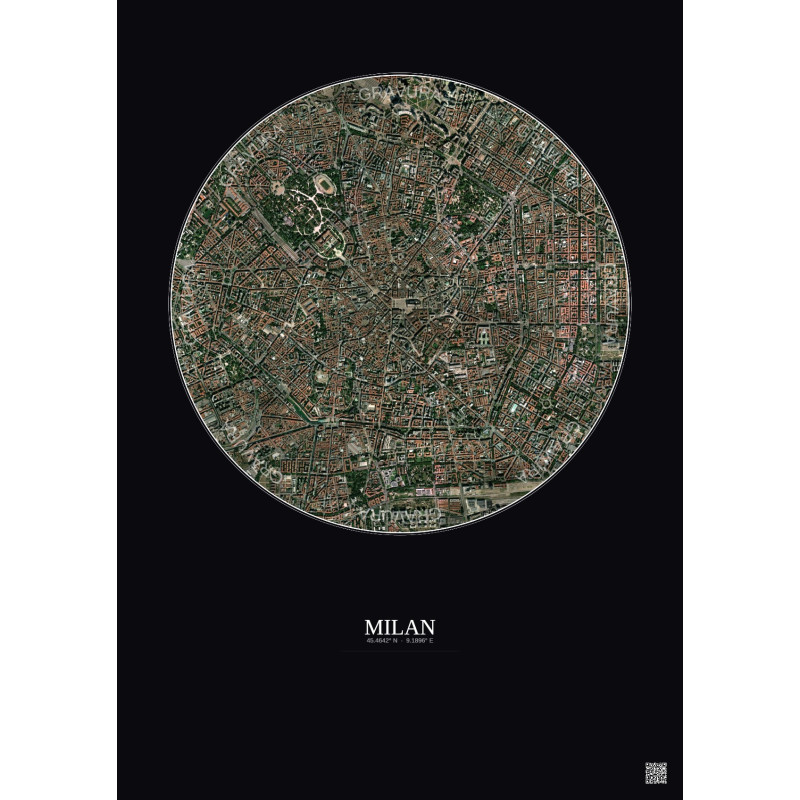 Affiche Milan – Poster vue satellite 2.5km Couleur | Gravura – Fond foncé
