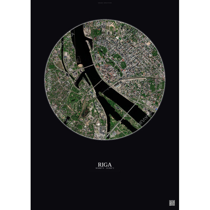 Affiche Riga – Poster vue satellite 2.5km Couleur | Gravura – Fond foncé