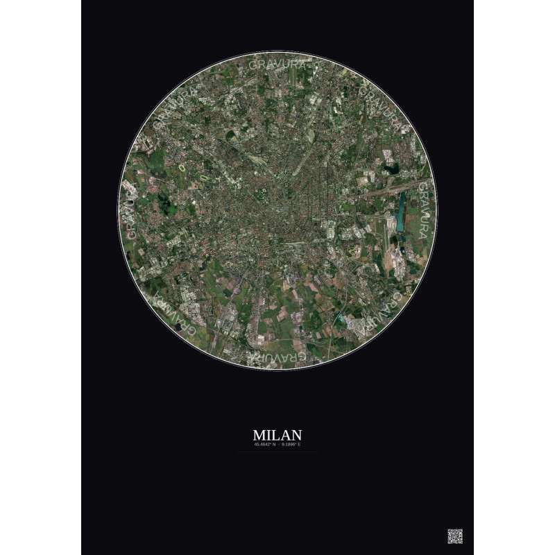 Affiche Milan – Poster vue satellite 10km Couleur | Gravura – Fond foncé