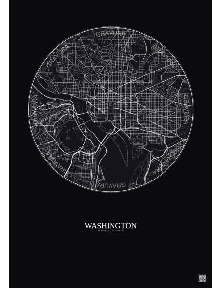 Affiche Washington – Poster carte de ville 6km | Gravura – Fond foncé