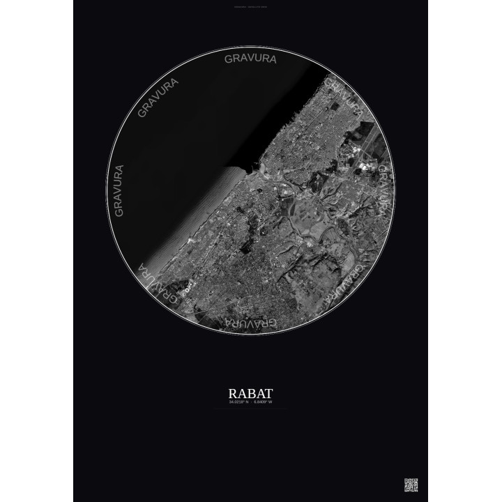 Affiche Rabat – Poster vue satellite 10km N&B | Gravura – Fond foncé