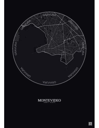 Affiche Montevideo – Poster carte de ville 6km | Gravura – Fond foncé