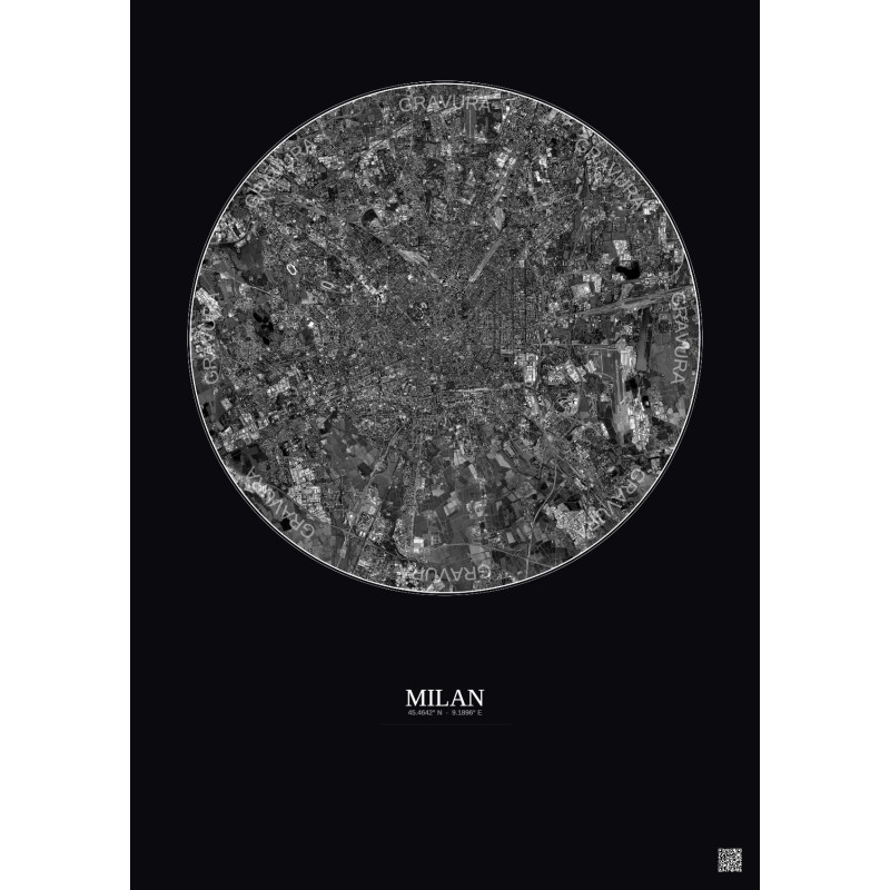 Affiche Milan – Poster vue satellite 10km N&B | Gravura – Fond foncé