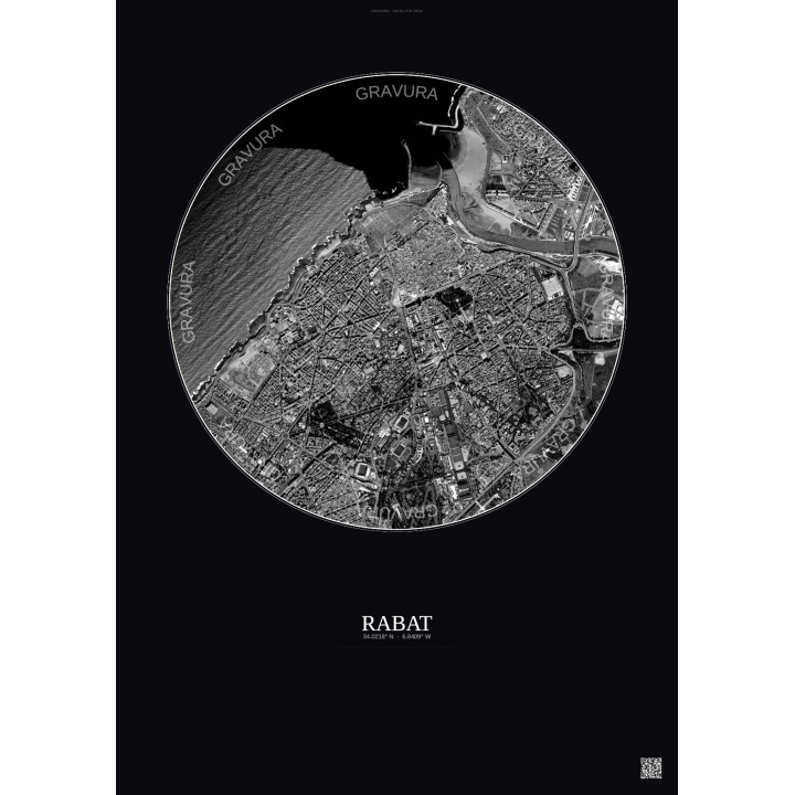 Affiche Rabat – Poster vue satellite 2.5km N&B | Gravura – Fond foncé